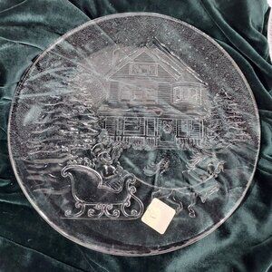 Libby Winter Christmas Holiday Sleigh Ride Clear Glass Serving Platter Plate